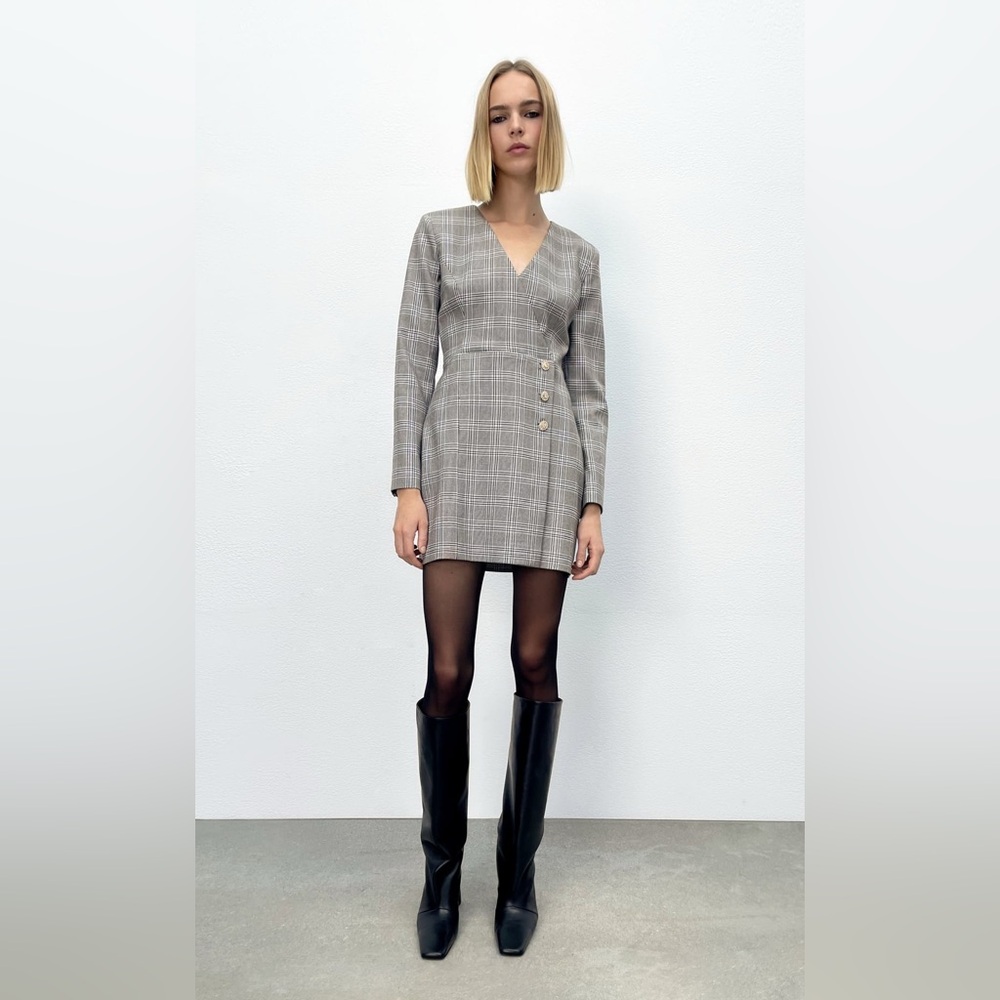 ZARA Plaid Blazer Dress with Jewel Buttons XS